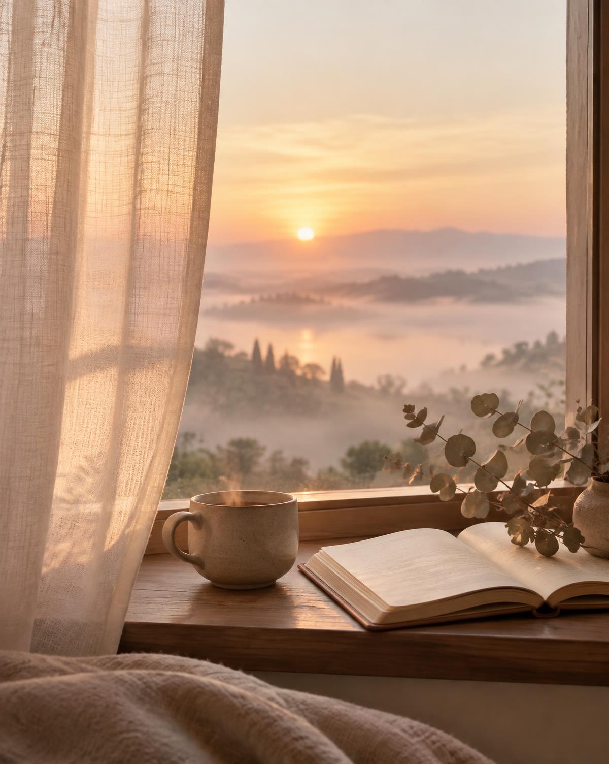 Soft sunrise over a misty valley seen from a window, with a cup and an open journal on the sill